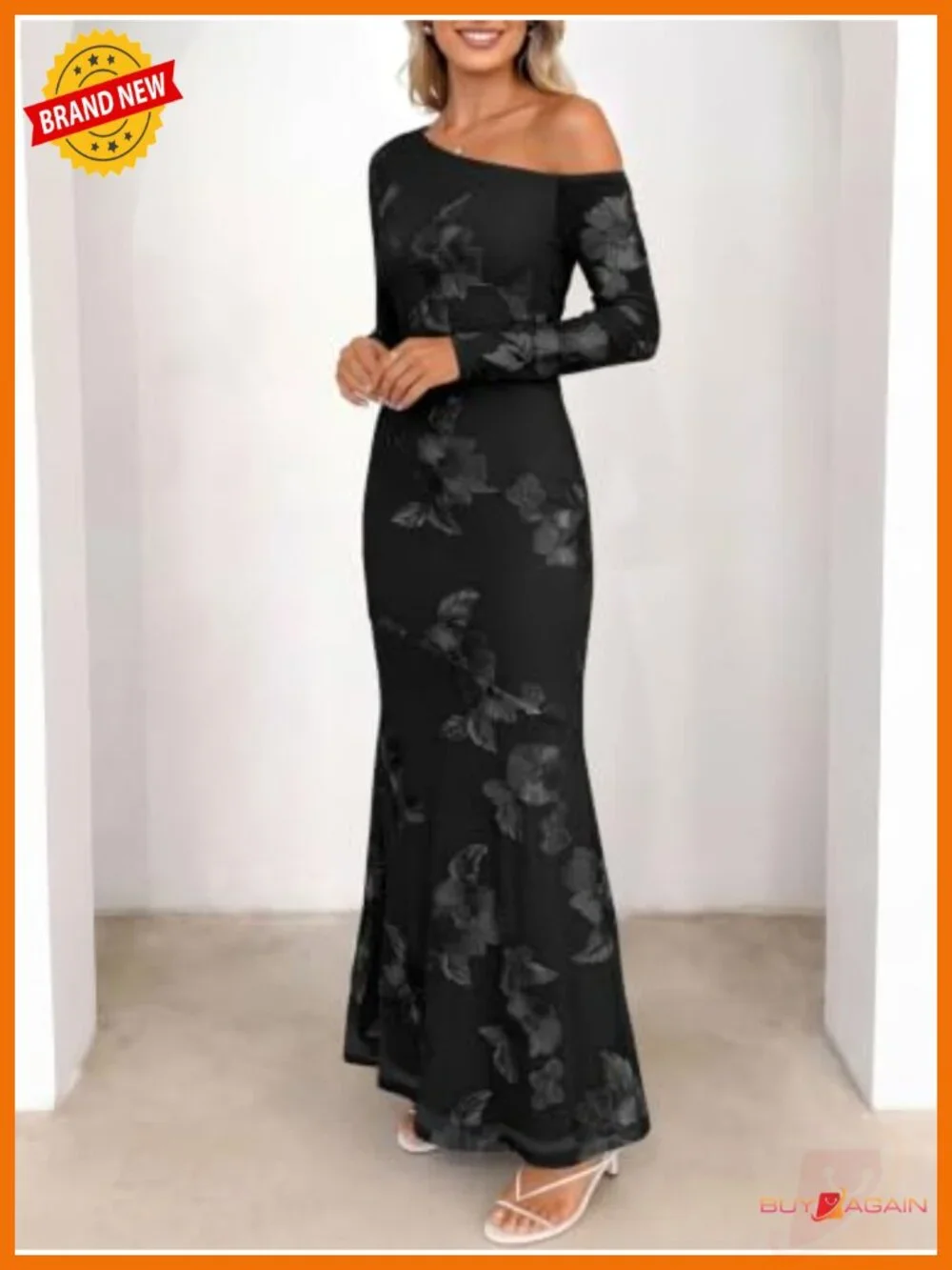 Caracilia One Shoulder Long Sleeve Floral Bodycon Maxi Dress Wedding Guest